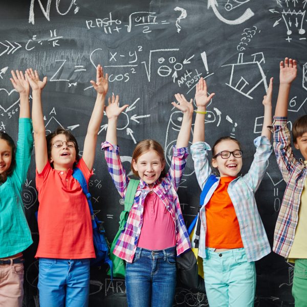 Children at school Group of happy schoolchildren standing in front of the blackboard with hands up